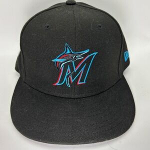 Miami Marlins New Era 59FIFTY Size 7 MLB Fitted Hat Black Floral‎ Script Custom